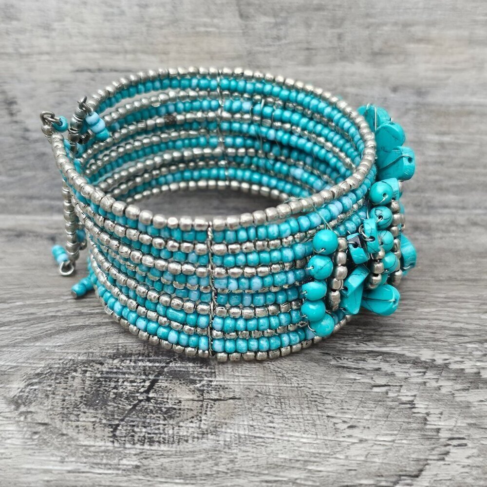 ❤️Western Boho Blue Faux Turquoise Blossom Flower Vintage Beaded Cuff Bracelet - Picture 3 of 8